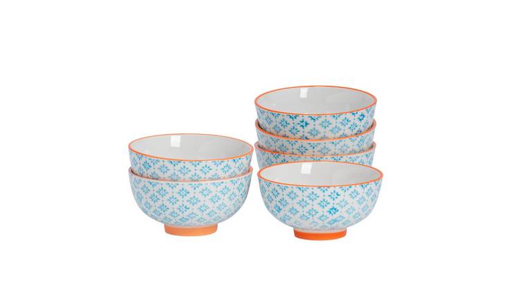 Nicola Spring Hand-Printed Rice Bowls - Blue - Pack of 6