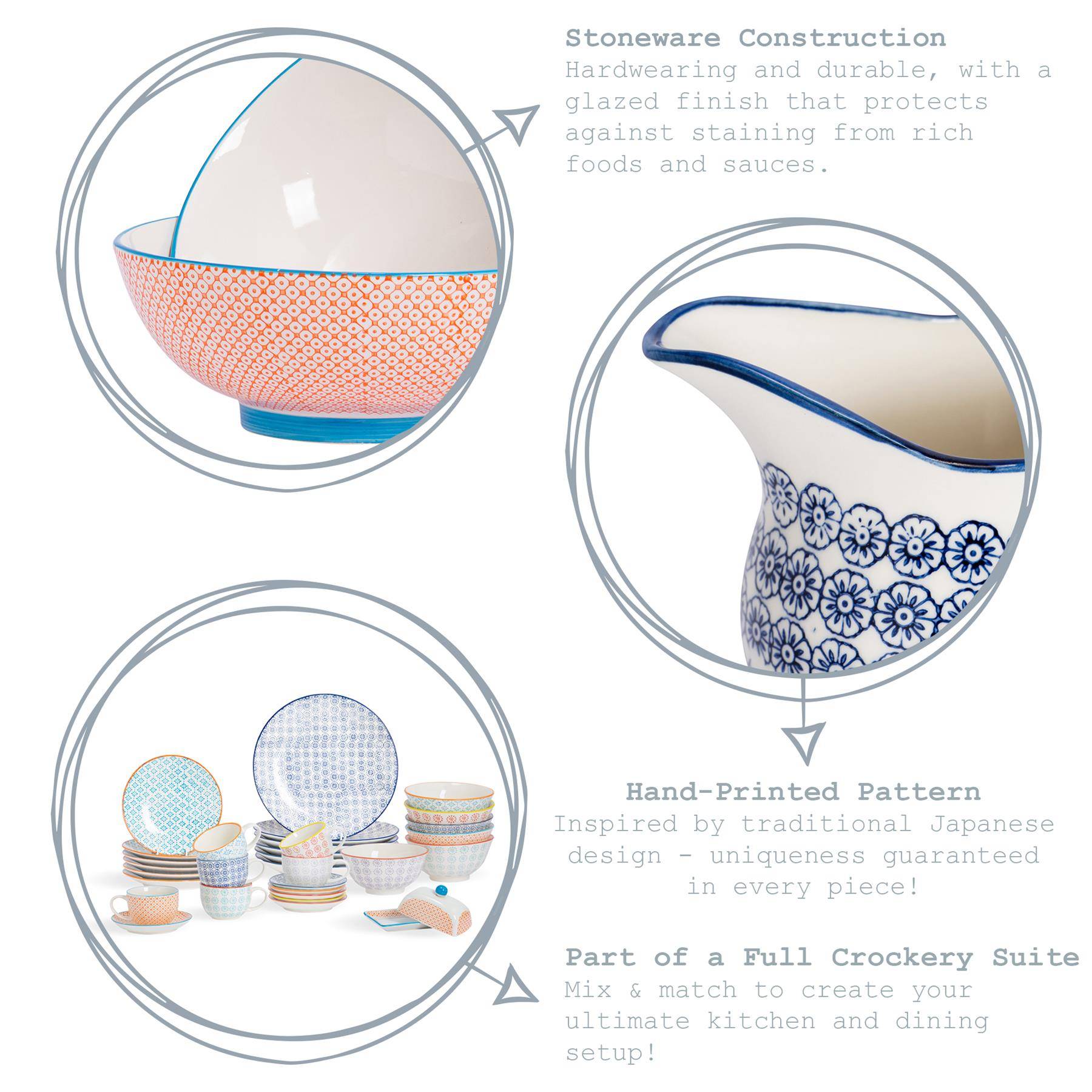 Nicola Spring Hand-Printed Rice Bowls Pack of 6 - Blue - Image 5