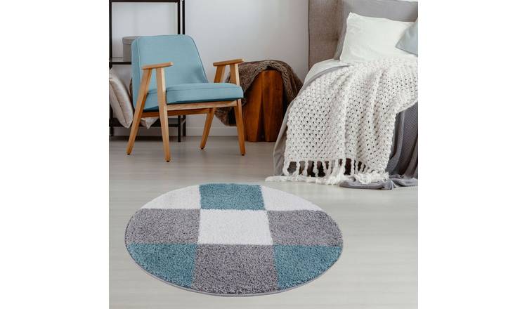 The Rugs Duck Egg Myshaggy Checkered Round Shaggy Rug - 120cm