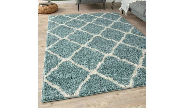 The Rugs Duck Egg Blue Moroccan Shaggy Lattice Rug - 80 x 150cm