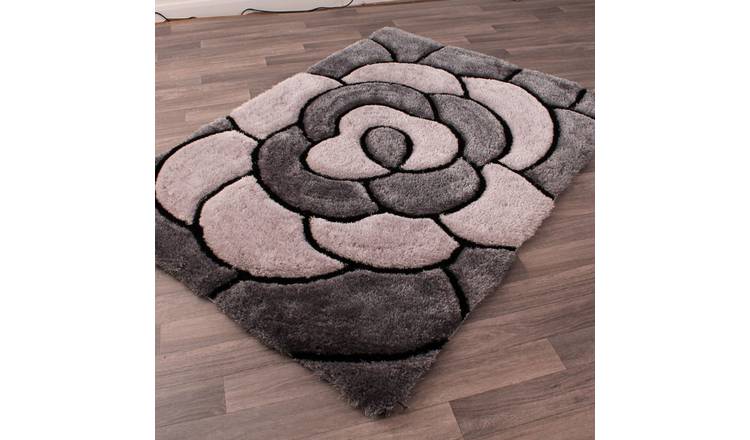 Mega Flooring Silver Shaggy Floral Rug - 60 x 110cm