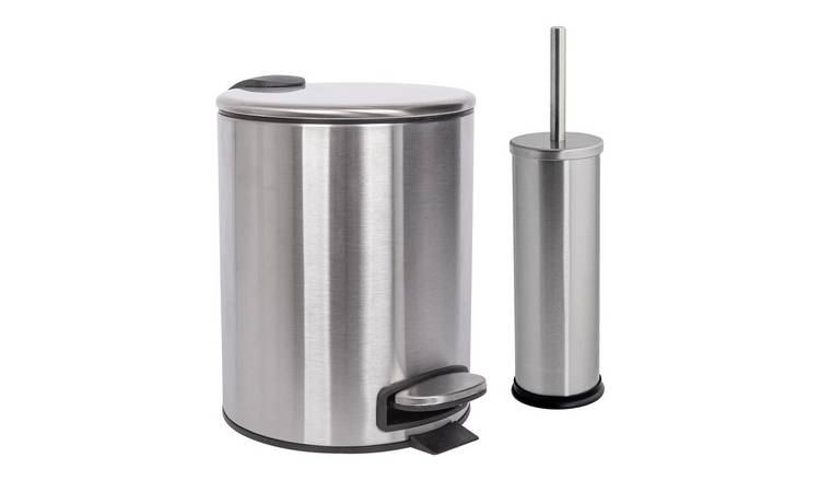 Harbour Housewares Stainless Steel Pedal Bin & Toilet Brush Set - 5L - Brushed