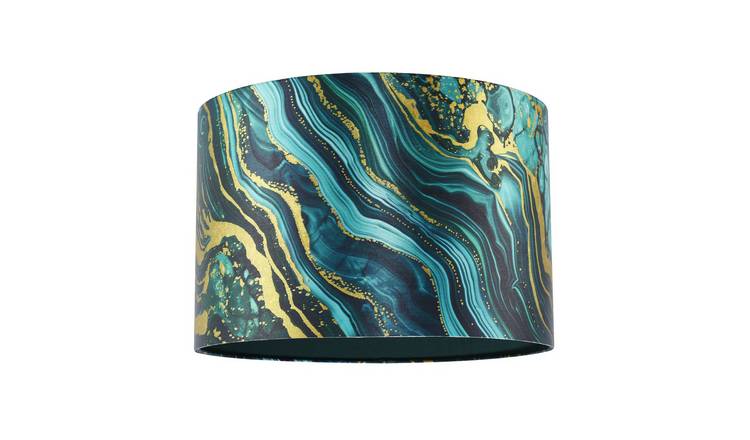 Happy Homewares Green and Gold Satin Fabric with Wavy Marble Lampshade - 30cm