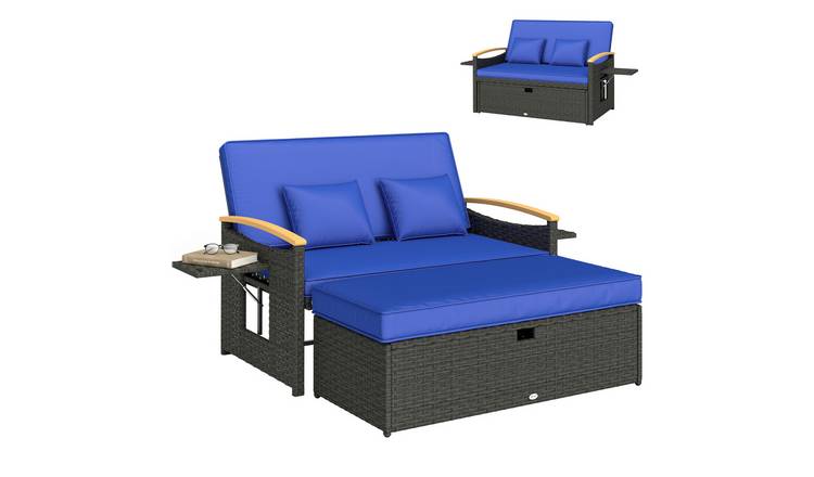 Outsunny Double Garden Rattan Daybed with Storage Ottoman - Brown