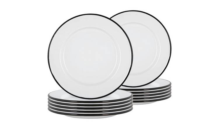 Argon Tableware White Enamel Dinner Plates - Black - Pack of 12
