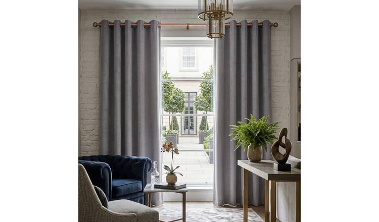 Luxury Living Velvet Chenille Eyelet Curtains 142cm x 229cm - Silver