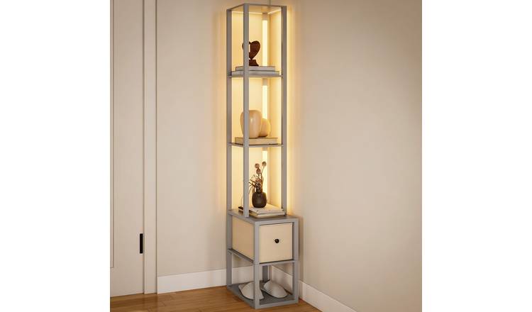 HOMCOM LED Floor Lamp With Shelves And Fabric Drawer - Grey
