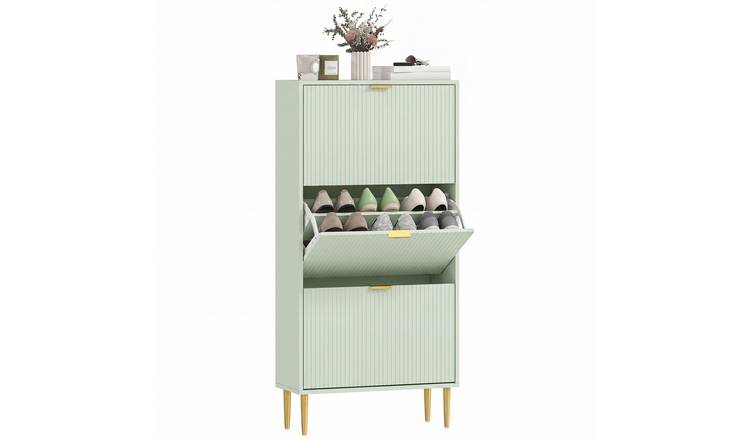 HOMCOM Fluted Shoe Cabinet with 3 Flip Drawers- Light Green