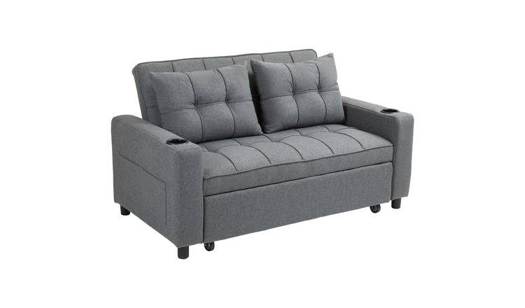 HOMCOM 3 in 1 2 Seater Fabric Adjustable Sofa Bed with Cup Holder - Dark Grey