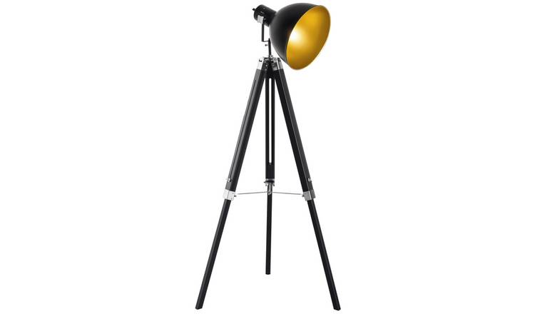 HOMCOM Tripod Floor Lamp with Pine Wood Legs - Gold and Black