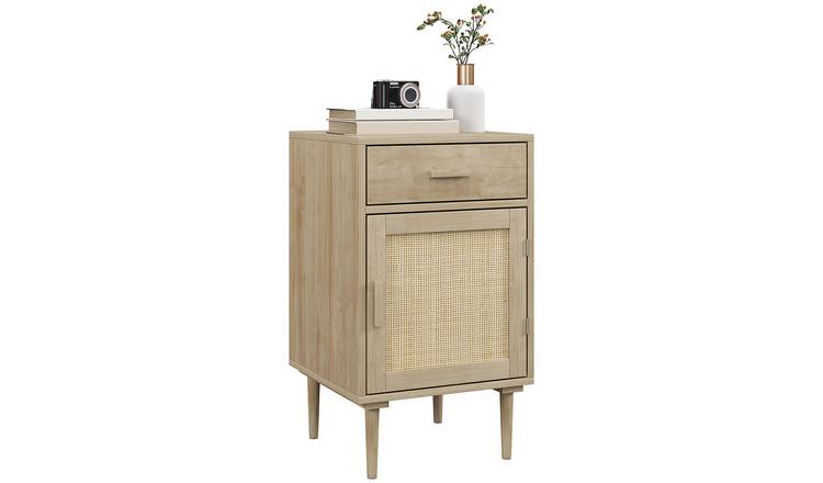 HOMCOM Rattan Bedside Table with Drawer and Adjustable Shelf - Natural Wood