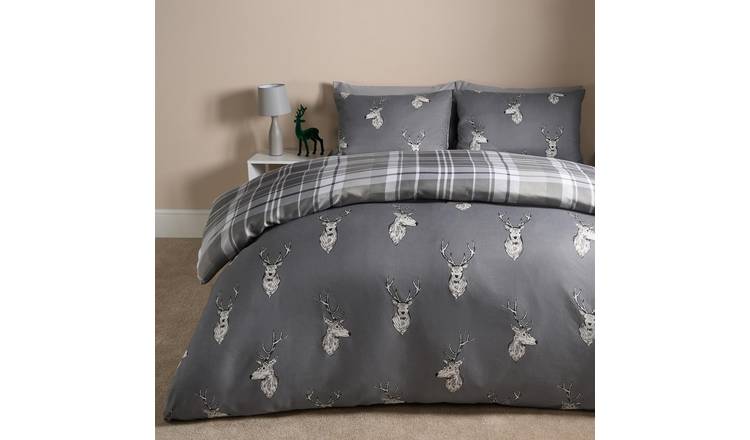 OHS Stag Duvet Cover Check Bedding Set Christmas Winter Charcoal - Double