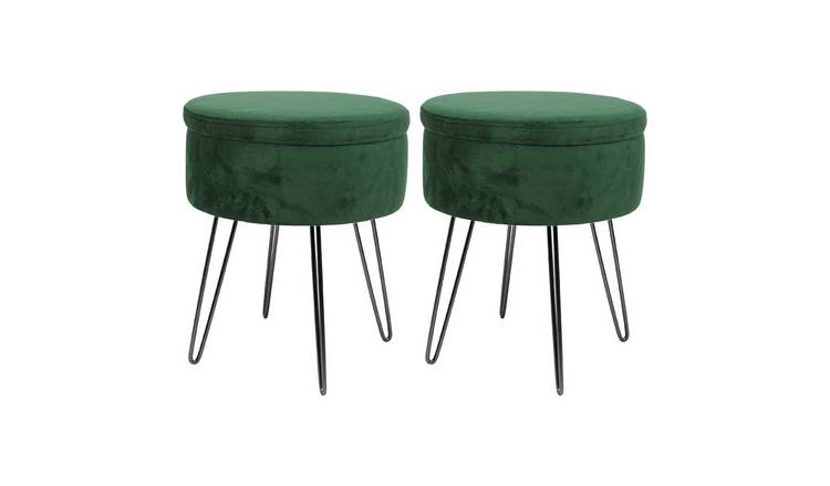 Harbour Housewares Round Velvet Storage Footstools - Green/Black - Set of 2