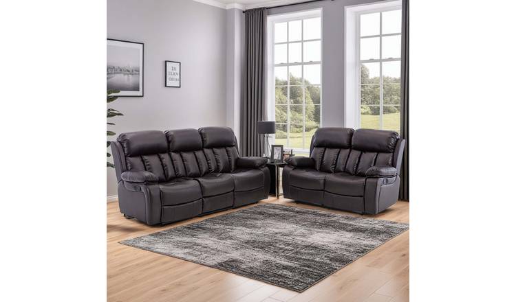 Furniture Online Chester Manual Recliner Leather 2+3 Seater Sofa Set - Brown