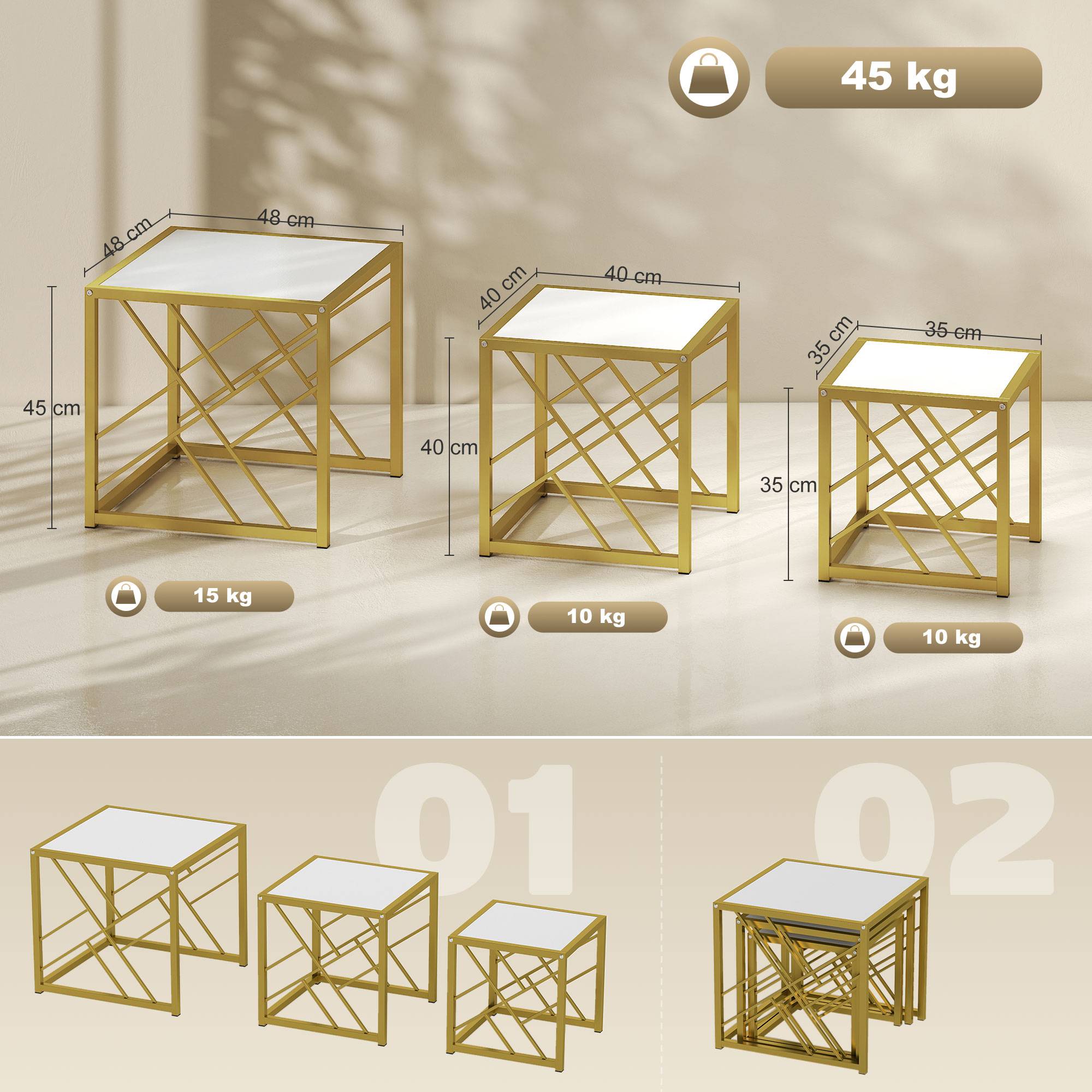 HOMCOM Set of 3 Nesting Coffee Tables - White - Image 8