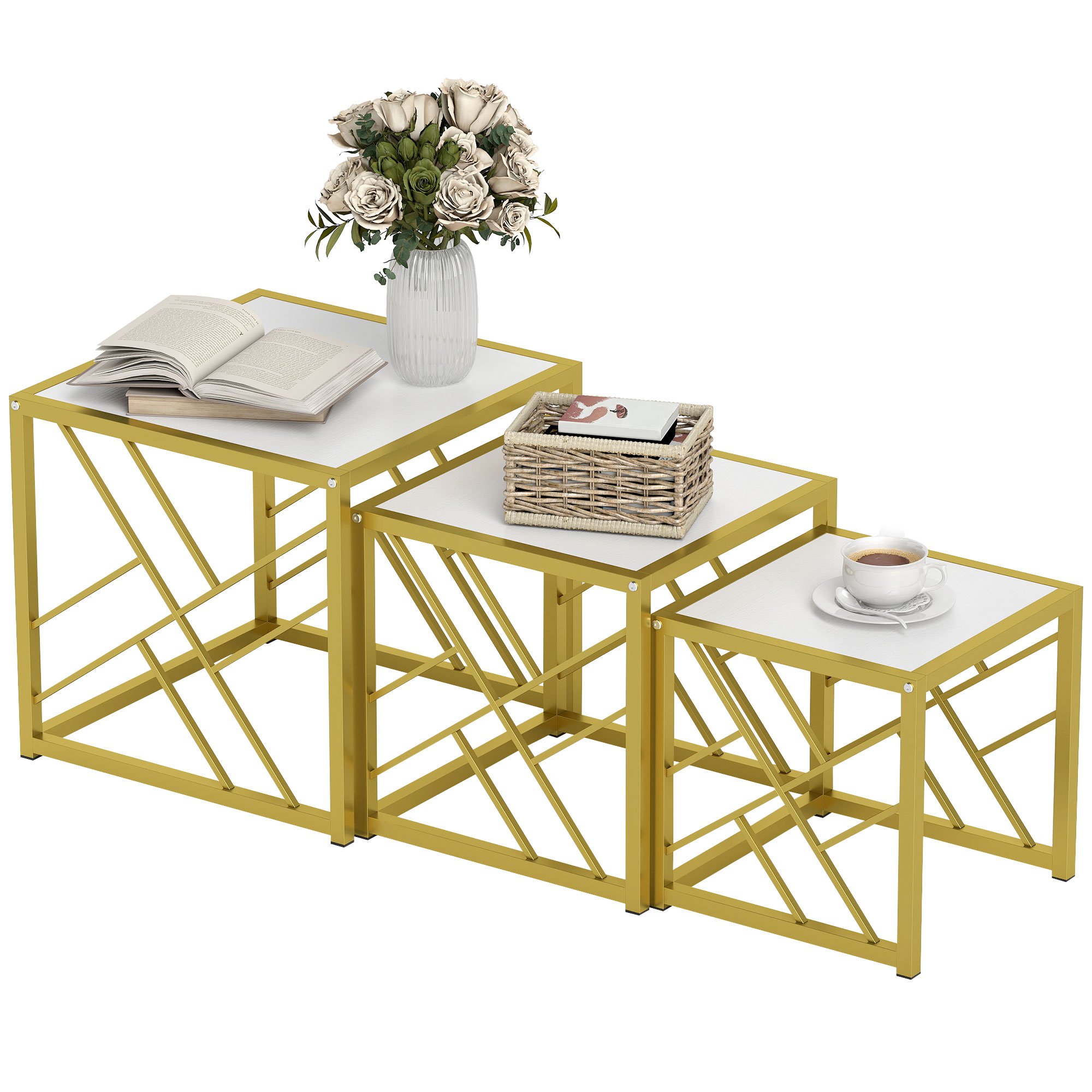 HOMCOM Set of 3 Nesting Coffee Tables - White - Image 2