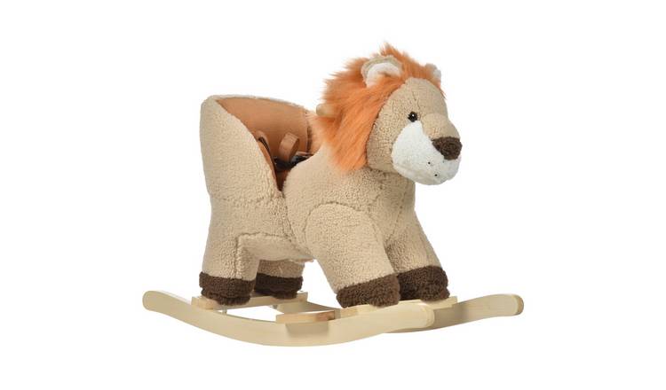 HOMCOM Plush Lion Sound Seat Belt Wood Base Baby Rocking Horse - Brown