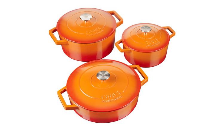 Cooks Professional Set of 3 Cast Iron Casserole Dishes 20, 26 and 28cm - Orange
