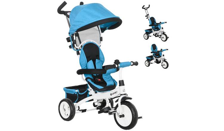 HOMCOM 6 in 1 Parent Handle Canopy 5 Point Harness Storage Baby Trike - Blue