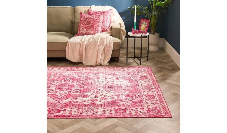 OHS Vintage Printed Washable Rug - 80 x 150cm - Pink