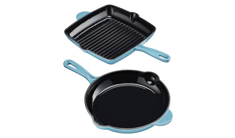 Cooks Professional 2 Piece Cast Iron Frying Pan and Skillet Set - Teal