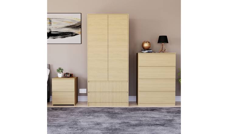 Vida Designs Denver Bedroom Set (Bedside, 4 Drawer Chest, 2x2 Wardrobe) - Pine