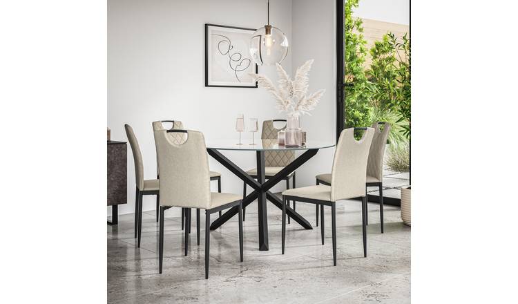 Furniture Online Malvern Monza Glass Top Dining Table & 6 Beige Chairs
