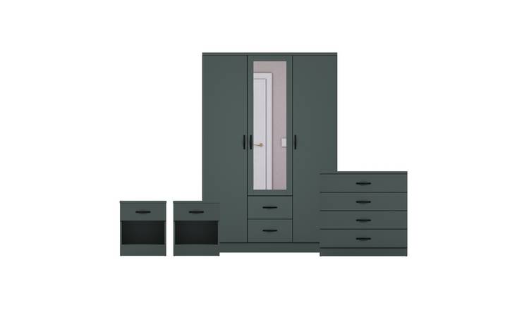 Vida Designs Riano Bedroom Set (Bedsides, 4 Drawer Chest, Mirror Wardrobe)-Green