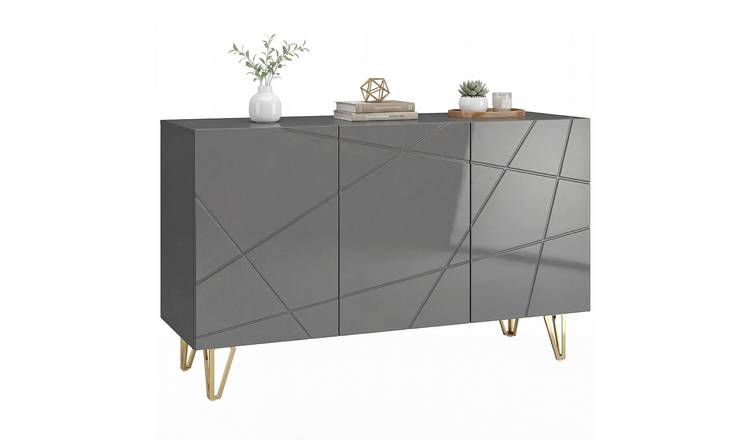 HOMCOM High Gloss Sideboard with 3 Doors and Adjustable Shelves - Grey