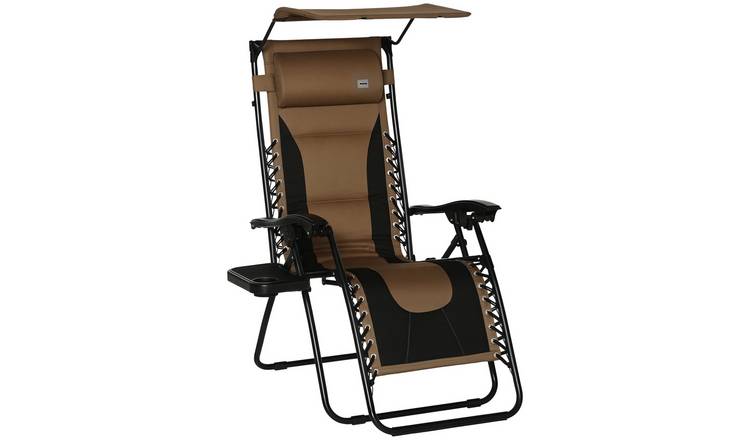 Outsunny Foldable Reclining Patio Chair with Shade Cover - Brown