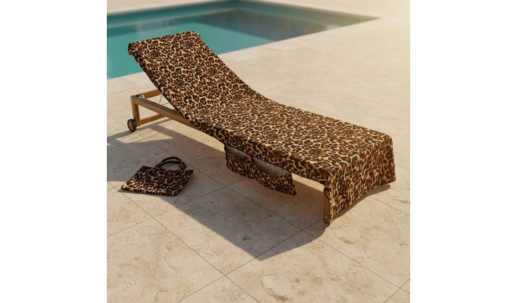 OHS Leopard Print Microfibre Beach Towel in a Bag - Natural