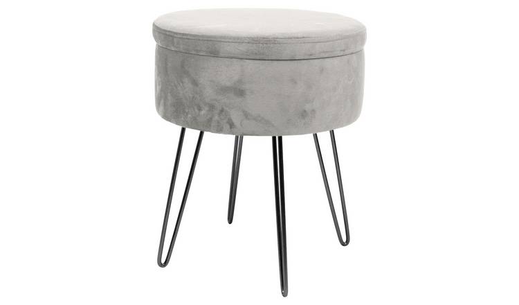 Harbour Housewares Round Velvet Storage Footstool - H45 x D36cm - Grey/Black