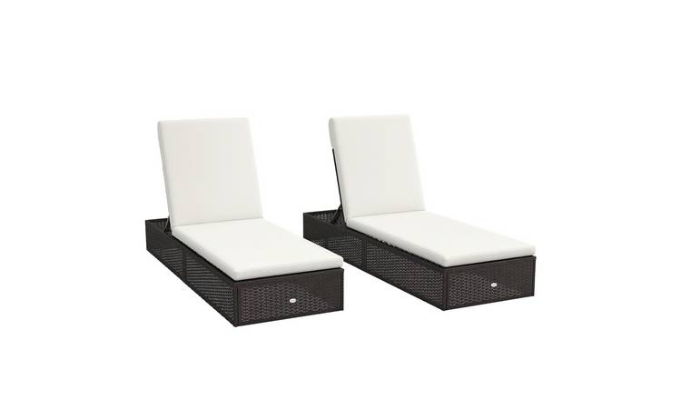 Outsunny Set of 2 PE Rattan Adjustable Reclining Garden Sun Lounger - Brown
