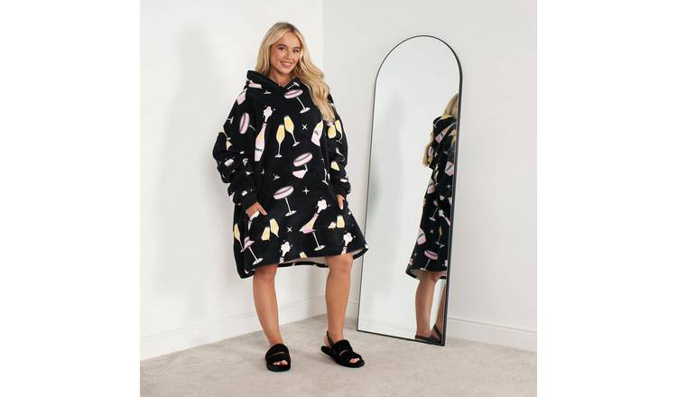 OHS Champagne Print Hoodie Blanket - One Size - Black