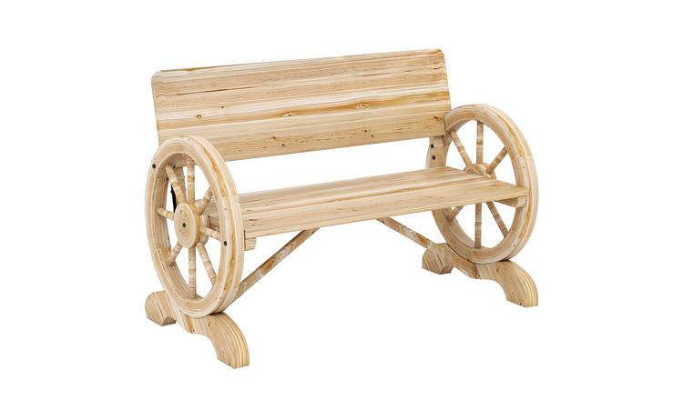 Outsunny 2 Seater Wooden Garden Bench with Wagon Wheel Armrests - Natural Wood