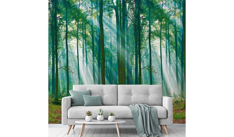Grandeco Photo Sunlight Trees 3 Lane Repeatable Wallpaper Mural   - Green