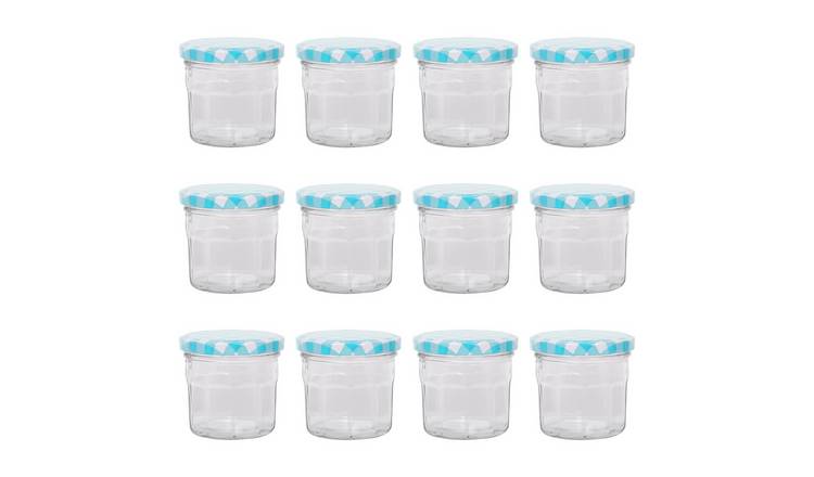 Argon Tableware Glass Jam Jars with Blue Gingham Lids - Pack of 12