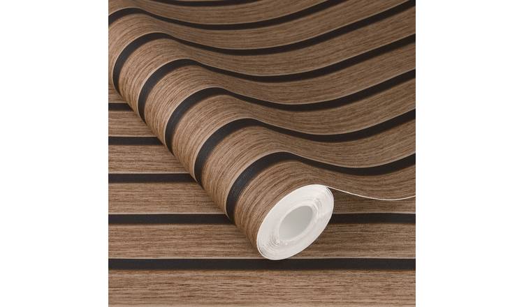 Rasch x Tesa Echo 3D Wood Slat Effect Peel Stick Textured Wallpaper - Walnut