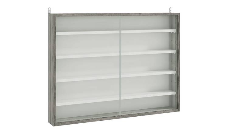 HOMCOM 5 Tier Wall Mounted Display Cabinet Glass Doors - Grey Wood