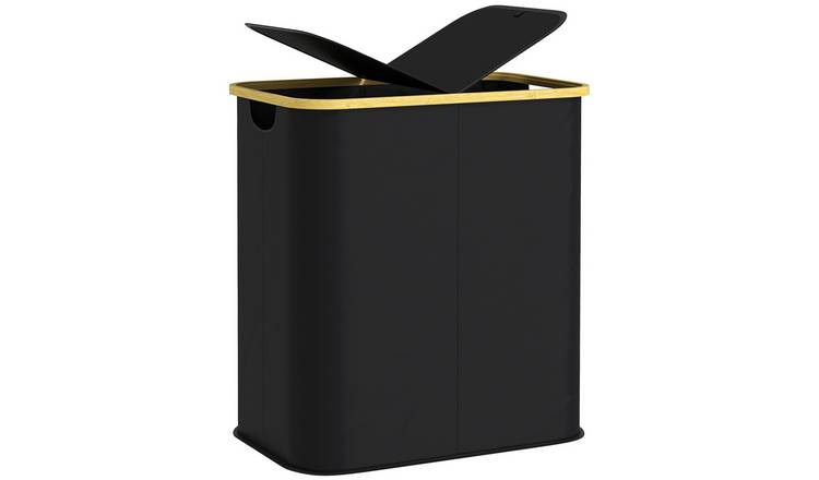 HOMCOM Double Laundry Basket With Lid, Collapsible Hamper - Black