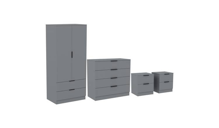 Vida Designs Trega Bedroom Set (Bedsides, 4 Drawer Chest, 2x2 Wardrobe) - Grey