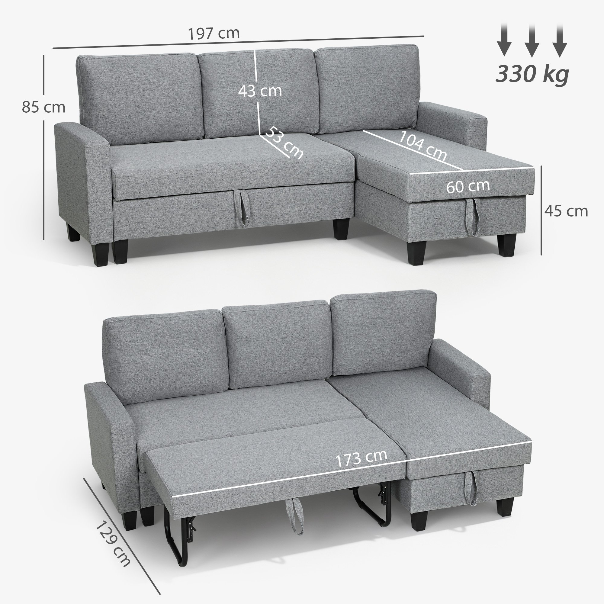 HOMCOM 3 Seater Linen Fabric Corner Sofa Bed - Grey - Image 8