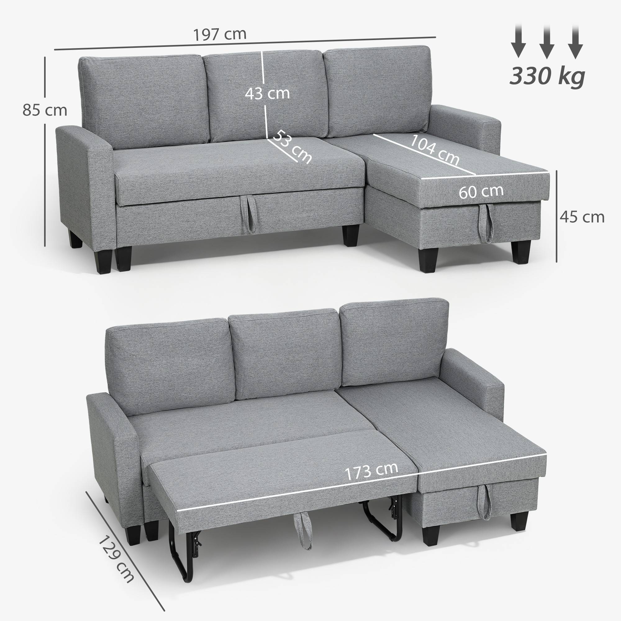 HOMCOM 3 Seater Linen Fabric Corner Sofa Bed - Grey - Image 8