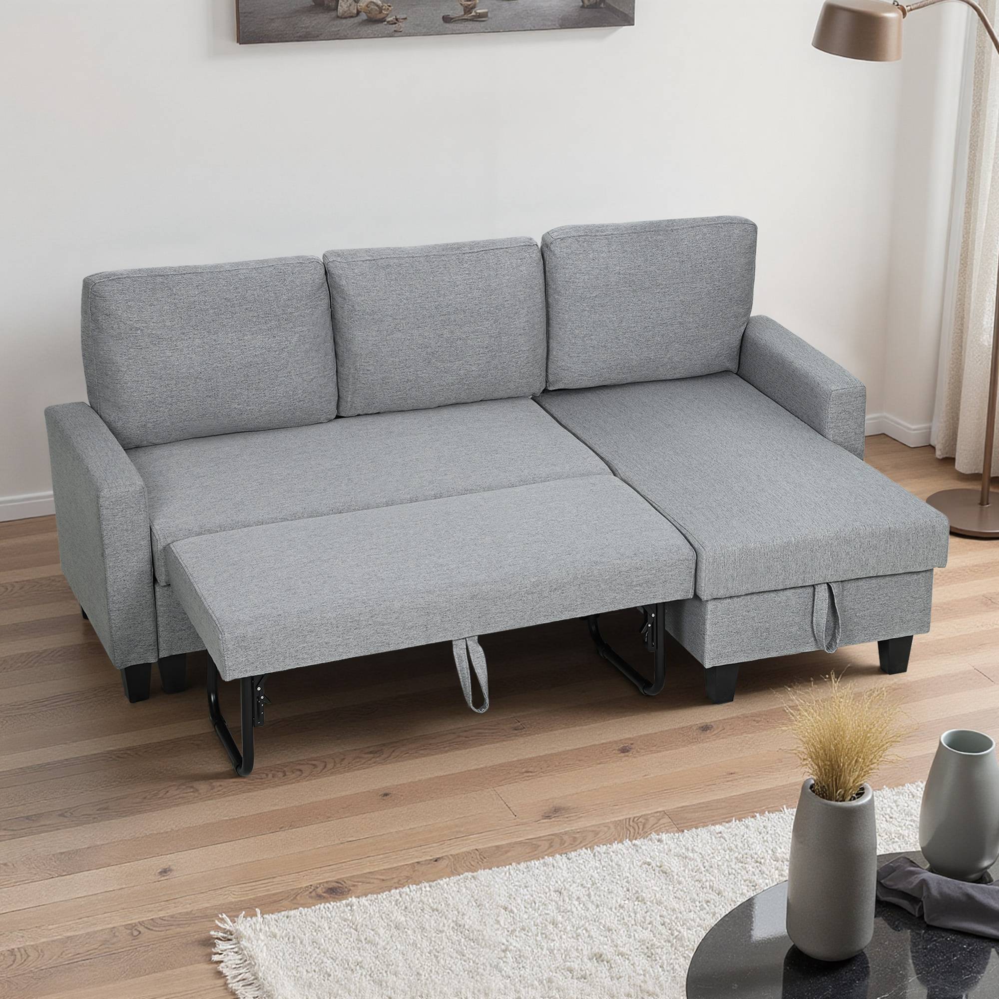 HOMCOM 3 Seater Linen Fabric Corner Sofa Bed - Grey - Image 2