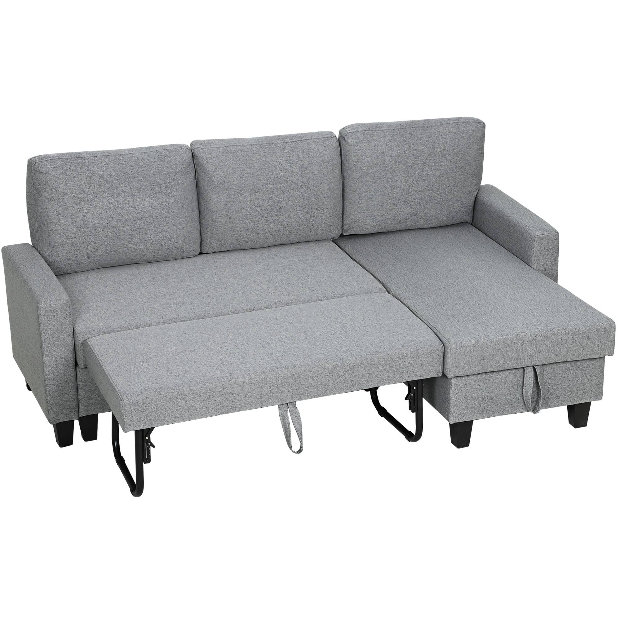 HOMCOM 3 Seater Linen Fabric Corner Sofa Bed - Grey - Image 3
