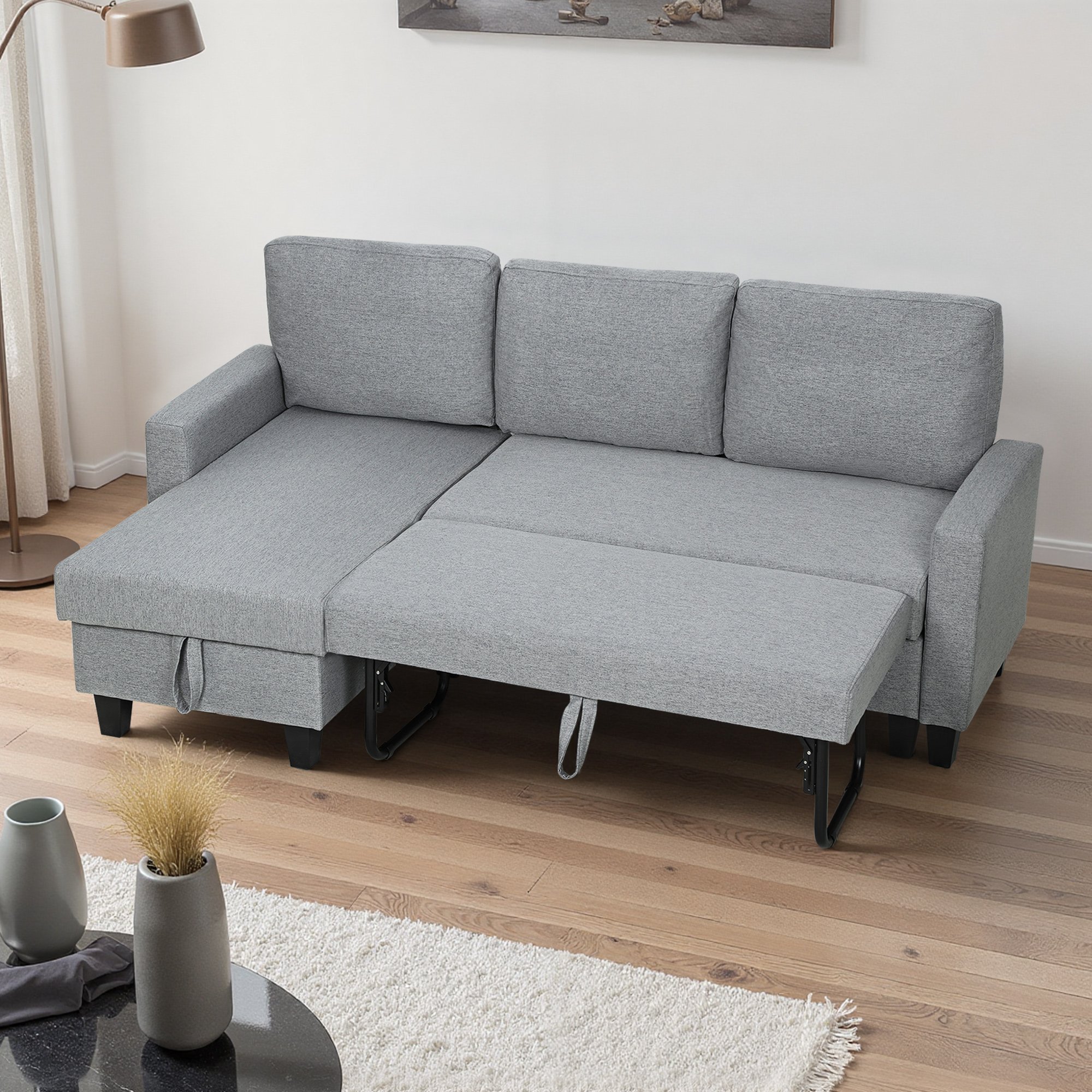 HOMCOM 3 Seater Linen Fabric Corner Sofa Bed - Grey - Image 4