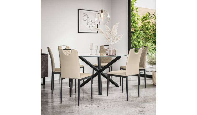Furniture Online Malvern Monza Glass Top Dining Table & 6 Beige Chairs