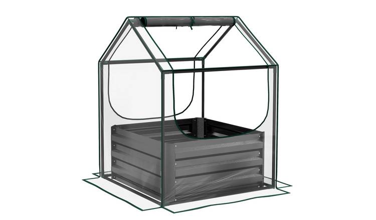 Outsunny Raised Garden Bed with Mini Greenhouse - Clear and Dark Grey