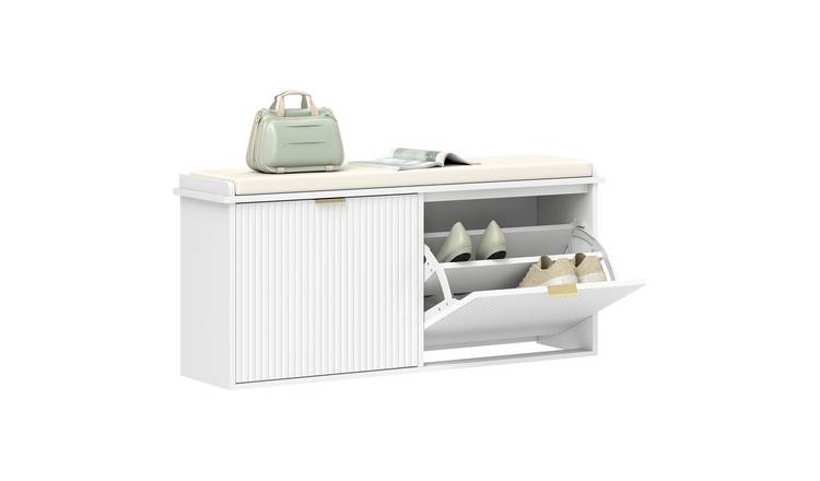 HOMCOM Shoe Bench with Padded Seat Cushion and 2 Flip-Drawer - White