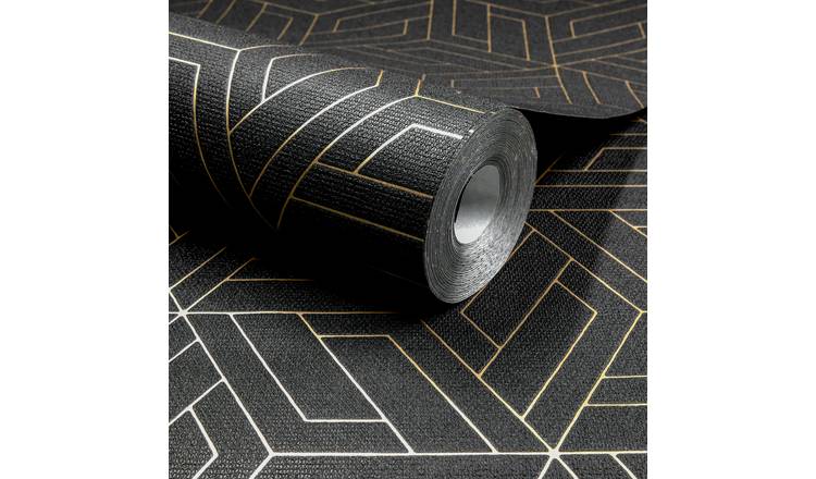 Grandeco Cobra Geometric Pattern Metallic Blown Vinyl Wallpaper - Charcoal Black